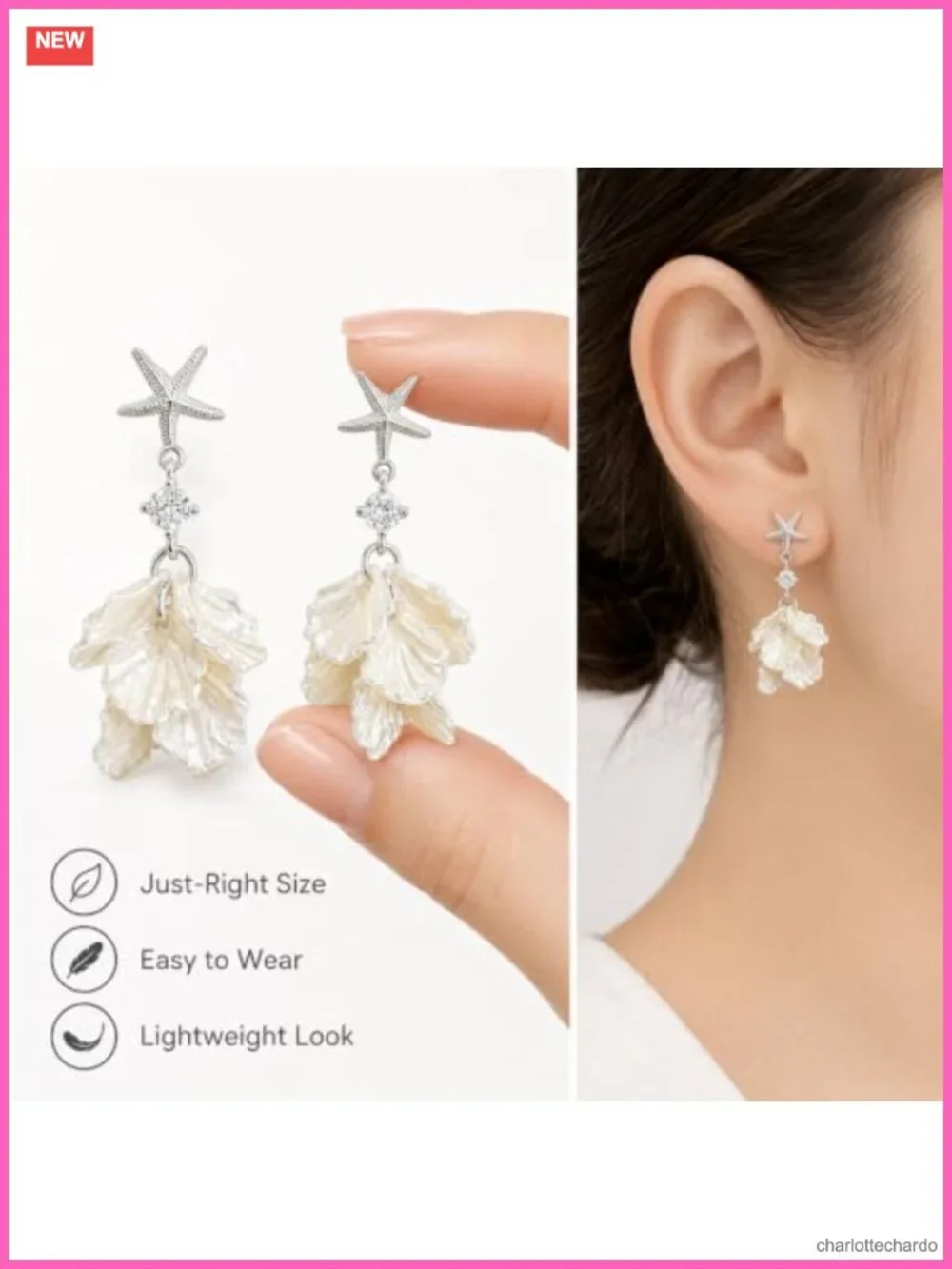 Starfish Shell Drop Earrings Pearl Dangle Silver Tone Ocean Statement